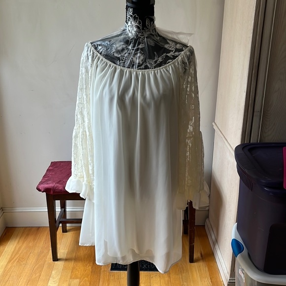 VOLL large Ivory off shoulder lined dress with lace sleeve bell sleeve NWT - Picture 2 of 9